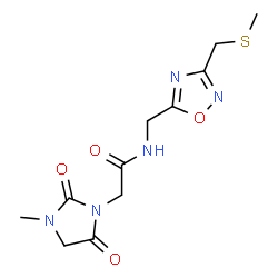 ChemSpider 2D Image | 2-(3-Methyl-2,5-dioxo-1-imidazolidinyl)-N-({3-[(methylsulfanyl)methyl]-1,2,4-oxadiazol-5-yl}methyl)acetamide | C11H15N5O4S