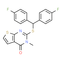 ChemSpider 2D Image | 2-{[Bis(4-fluorophenyl)methyl]sulfanyl}-3-methylthieno[2,3-d]pyrimidin-4(3H)-one | C20H14F2N2OS2