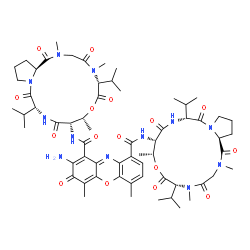 ChemSpider 2D Image | 2-Amino-N,N'-bis[(6R,9R,10S,13R,18aS)-6,13-diisopropyl-2,5,9-trimethyl-1,4,7,11,14-pentaoxohexadecahydro-1H-pyrrolo[2,1-i][1,4,7,10,13]oxatetraazacyclohexadecin-10-yl]-4,6-dimethyl-3-oxo-3H-phenoxazin
e-1,9-dicarboxamide | C62H86N12O16
