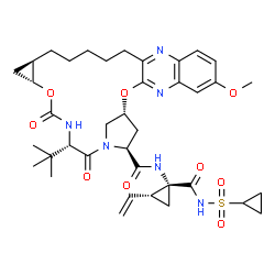 ChemSpider 2D Image | (1R,18R,20R,24S,27S)-N-{(1R,2R)-1-[(Cyclopropylsulfonyl)carbamoyl]-2-vinylcyclopropyl}-7-methoxy-24-(2-methyl-2-propanyl)-22,25-dioxo-2,21-dioxa-4,11,23,26-tetraazapentacyclo[24.2.1.0~3,12~.0~5,10~.0~
18,20~]nonacosa-3,5(10),6,8,11-pentaene-27-carboxamide | C38H50N6O9S