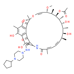 ChemSpider 2D Image | (7S,9Z,11S,12R,13S,14R,15R,16R,17S,18S,19Z,21Z,26E)-26-{[(4-Cyclopentyl-1-piperazinyl)amino]methylene}-2,15,17,29-tetrahydroxy-11-methoxy-3,7,12,14,16,18,22-heptamethyl-6,23,27-trioxo-8,30-dioxa-24-az
atetracyclo[23.3.1.1~4,7~.0~5,28~]triaconta-1(28),2,4,9,19,21,25(29)-heptaen-13-yl acetate | C47H64N4O12