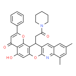ChemSpider 2D Image | 5-Hydroxy-9,11-dimethyl-14-[2-oxo-2-(1-piperidinyl)ethyl]-2-phenyl-4H,14H-pyrano[2',3':5,6]chromeno[2,3-b]quinolin-4-one | C34H30N2O5