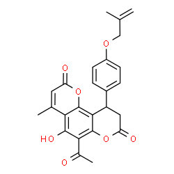 ChemSpider 2D Image | 6-Acetyl-5-hydroxy-4-methyl-10-{4-[(2-methyl-2-propen-1-yl)oxy]phenyl}-9,10-dihydro-2H,8H-pyrano[2,3-f]chromene-2,8-dione | C25H22O7