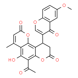 ChemSpider 2D Image | 6-Acetyl-5-hydroxy-10-(6-methoxy-4-oxo-4H-chromen-3-yl)-4-methyl-9,10-dihydro-2H,8H-pyrano[2,3-f]chromene-2,8-dione | C25H18O9