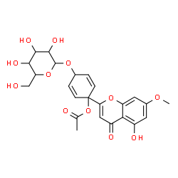ChemSpider 2D Image | 4-(Hexopyranosyloxy)-1-(5-hydroxy-7-methoxy-4-oxo-4H-chromen-2-yl)-2,5-cyclohexadien-1-yl acetate | C24H26O12
