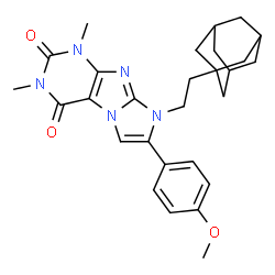 ChemSpider 2D Image | 8-[2-(Adamantan-1-yl)ethyl]-7-(4-methoxyphenyl)-1,3-dimethyl-1H-imidazo[2,1-f]purine-2,4(3H,8H)-dione | C28H33N5O3