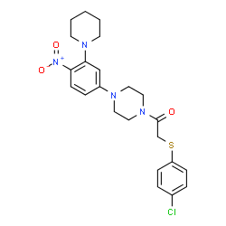 ChemSpider 2D Image | 2-[(4-Chlorophenyl)sulfanyl]-1-{4-[4-nitro-3-(1-piperidinyl)phenyl]-1-piperazinyl}ethanone | C23H27ClN4O3S