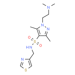 ChemSpider 2D Image | 1-[2-(Dimethylamino)ethyl]-3,5-dimethyl-N-(1,3-thiazol-4-ylmethyl)-1H-pyrazole-4-sulfonamide | C13H21N5O2S2