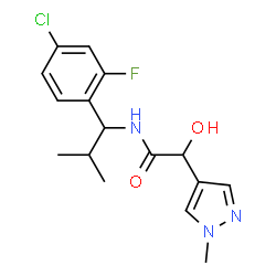 ChemSpider 2D Image | N-[1-(4-Chloro-2-fluorophenyl)-2-methylpropyl]-2-hydroxy-2-(1-methyl-1H-pyrazol-4-yl)acetamide | C16H19ClFN3O2