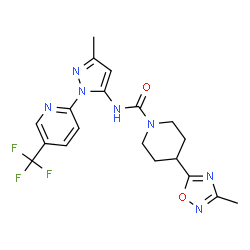 ChemSpider 2D Image | 4-(3-Methyl-1,2,4-oxadiazol-5-yl)-N-{3-methyl-1-[5-(trifluoromethyl)-2-pyridinyl]-1H-pyrazol-5-yl}-1-piperidinecarboxamide | C19H20F3N7O2