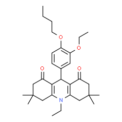 ChemSpider 2D Image | 9-(4-Butoxy-3-ethoxyphenyl)-10-ethyl-3,3,6,6-tetramethyl-3,4,6,7,9,10-hexahydro-1,8(2H,5H)-acridinedione | C31H43NO4