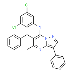 ChemSpider 2D Image | 6-Benzyl-N-(3,5-dichlorophenyl)-2,5-dimethyl-3-phenylpyrazolo[1,5-a]pyrimidin-7-amine | C27H22Cl2N4