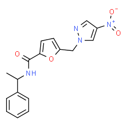 ChemSpider 2D Image | 5-[(4-Nitro-1H-pyrazol-1-yl)methyl]-N-(1-phenylethyl)-2-furamide | C17H16N4O4