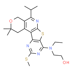 ChemSpider 2D Image | 2-{Ethyl[5-isopropyl-2,2-dimethyl-10-(methylsulfanyl)-1,4-dihydro-2H-pyrano[4'',3'':4',5']pyrido[3',2':4,5]thieno[3,2-d]pyrimidin-8-yl]amino}ethanol | C22H30N4O2S2