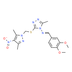 ChemSpider 2D Image | 1-(3,4-Dimethoxyphenyl)-N-(3-{[(3,5-dimethyl-4-nitro-1H-pyrazol-1-yl)methyl]sulfanyl}-5-methyl-4H-1,2,4-triazol-4-yl)methanimine | C18H21N7O4S