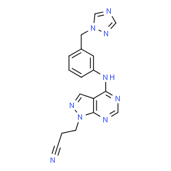 ChemSpider 2D Image | 3-(4-{[3-(1H-1,2,4-Triazol-1-ylmethyl)phenyl]amino}-1H-pyrazolo[3,4-d]pyrimidin-1-yl)propanenitrile | C17H15N9