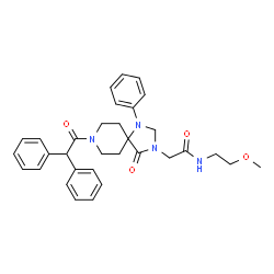 ChemSpider 2D Image | 2-[8-(Diphenylacetyl)-4-oxo-1-phenyl-1,3,8-triazaspiro[4.5]dec-3-yl]-N-(2-methoxyethyl)acetamide | C32H36N4O4