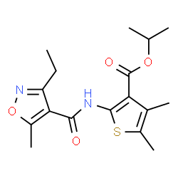 ChemSpider 2D Image | Isopropyl 2-{[(3-ethyl-5-methyl-1,2-oxazol-4-yl)carbonyl]amino}-4,5-dimethyl-3-thiophenecarboxylate | C17H22N2O4S