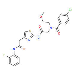 ChemSpider 2D Image | 4-Chloro-N-{2-[(4-{2-[(2-fluorophenyl)amino]-2-oxoethyl}-1,3-thiazol-2-yl)amino]-2-oxoethyl}-N-(2-methoxyethyl)benzamide | C23H22ClFN4O4S