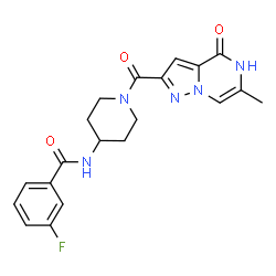 ChemSpider 2D Image | 3-Fluoro-N-{1-[(6-methyl-4-oxo-4,5-dihydropyrazolo[1,5-a]pyrazin-2-yl)carbonyl]-4-piperidinyl}benzamide | C20H20FN5O3