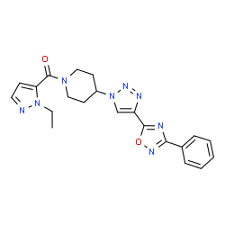 ChemSpider 2D Image | (1-Ethyl-1H-pyrazol-5-yl){4-[4-(3-phenyl-1,2,4-oxadiazol-5-yl)-1H-1,2,3-triazol-1-yl]-1-piperidinyl}methanone | C21H22N8O2