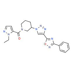ChemSpider 2D Image | (1-Ethyl-1H-pyrazol-5-yl){3-[4-(3-phenyl-1,2,4-oxadiazol-5-yl)-1H-1,2,3-triazol-1-yl]-1-piperidinyl}methanone | C21H22N8O2