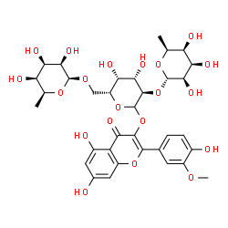 ChemSpider 2D Image | 5,7-Dihydroxy-2-(4-hydroxy-3-methoxyphenyl)-4-oxo-4H-chromen-3-yl 6-deoxy-alpha-L-talopyranosyl-(1->2)-[6-deoxy-beta-L-talopyranosyl-(1->6)]-D-galactopyranoside | C34H42O20