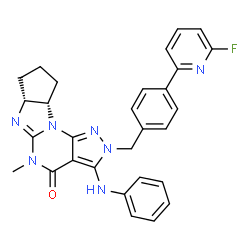 ChemSpider 2D Image | (6aR,9aS)-3-Anilino-2-[4-(6-fluoro-2-pyridinyl)benzyl]-5-methyl-5,6a,7,8,9,9a-hexahydrocyclopenta[4,5]imidazo[1,2-a]pyrazolo[4,3-e]pyrimidin-4(2H)-one | C29H26FN7O