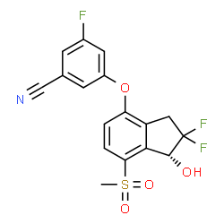 ChemSpider 2D Image | 3-{[(1R)-2,2-Difluoro-1-hydroxy-7-(methylsulfonyl)-2,3-dihydro-1H-inden-4-yl]oxy}-5-fluorobenzonitrile | C17H12F3NO4S