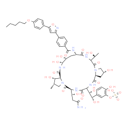 ChemSpider 2D Image | 5-[(1S,2S)-2-{(2R,9S,11R,12R,14aS,15S,16S,20S,25aS)-20-[(1R)-3-Amino-1-hydroxy-3-oxopropyl]-2,11,12,15-tetrahydroxy-6-[(1R)-1-hydroxyethyl]-16-methyl-5,8,14,19,22,25-hexaoxo-9-[(4-{5-[4-(pentyloxy)phe
nyl]-1,2-oxazol-3-yl}benzoyl)amino]tetracosahydro-1H-dipyrrolo[2,1-c:2',1'-l][1,4,7,10,13,16]hexaazacyclohenicosin-23-yl}-1,2-dihydroxyethyl]-2-hydroxyphenyl hydrogen sulfate | C56H71N9O23S