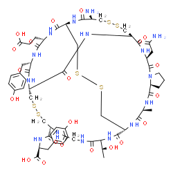 ChemSpider 2D Image | N-({(1R,4S,7S,13S,16R,21R,24R,27S,30S,33R,38R)-21-Amino-13-(2-amino-2-oxoethyl)-27-(2-carboxyethyl)-30-(4-hydroxybenzyl)-44-[(1R)-1-hydroxyethyl]-4-methyl-3,6,12,15,22,25,28,31,40,43,46,51-dodecaoxo-1
8,19,35,36,48,49-hexathia-2,5,11,14,23,26,29,32,39,42,45,52-dodecaazatetracyclo[22.22.4.2~16,33~.0~7,11~]dopentacont-38-yl}carbonyl)-L-tyrosine | C59H79N15O21S6