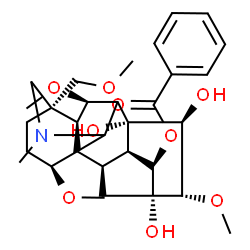 ChemSpider 2D Image | (1alpha,6alpha,14alpha,15alpha,16beta,17xi)-8,13,15-Trihydroxy-1,6,16-trimethoxy-4-(methoxymethyl)-20-methylaconitan-14-yl benzoate | C31H43NO9