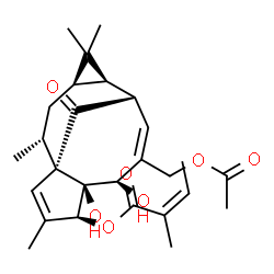 ChemSpider 2D Image | (1S,4S,5S,6R,9S,10R,12R,14R)-7-(Acetoxymethyl)-5,6-dihydroxy-3,11,11,14-tetramethyl-15-oxotetracyclo[7.5.1.0~1,5~.0~10,12~]pentadeca-2,7-dien-4-yl (2Z)-2-methyl-2-butenoate | C27H36O7