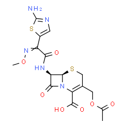 ChemSpider 2D Image | (6R,7R)-3-(Acetoxymethyl)-7-{[(2-amino-1,3-thiazol-5-yl)(methoxyimino)acetyl]amino}-8-oxo-5-thia-1-azabicyclo[4.2.0]oct-2-ene-2-carboxylic acid | C16H17N5O7S2