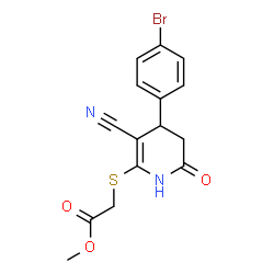 ChemSpider 2D Image | Methyl {[4-(4-bromophenyl)-3-cyano-6-oxo-1,4,5,6-tetrahydro-2-pyridinyl]sulfanyl}acetate | C15H13BrN2O3S