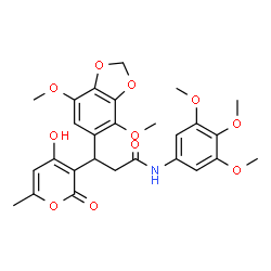 ChemSpider 2D Image | 3-(4,7-Dimethoxy-1,3-benzodioxol-5-yl)-3-(4-hydroxy-6-methyl-2-oxo-2H-pyran-3-yl)-N-(3,4,5-trimethoxyphenyl)propanamide | C27H29NO11