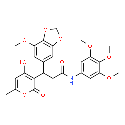 ChemSpider 2D Image | 3-(4-Hydroxy-6-methyl-2-oxo-2H-pyran-3-yl)-3-(7-methoxy-1,3-benzodioxol-5-yl)-N-(3,4,5-trimethoxyphenyl)propanamide | C26H27NO10