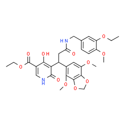 ChemSpider 2D Image | Ethyl 5-{1-(4,7-dimethoxy-1,3-benzodioxol-5-yl)-3-[(3-ethoxy-4-methoxybenzyl)amino]-3-oxopropyl}-4-hydroxy-6-oxo-1,6-dihydro-3-pyridinecarboxylate | C30H34N2O11