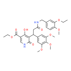 ChemSpider 2D Image | Ethyl 5-{3-[(3-ethoxy-4-methoxybenzyl)amino]-3-oxo-1-(3,4,5-trimethoxyphenyl)propyl}-4-hydroxy-6-oxo-1,6-dihydro-3-pyridinecarboxylate | C30H36N2O10