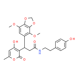 ChemSpider 2D Image | 3-(4,7-Dimethoxy-1,3-benzodioxol-5-yl)-3-(4-hydroxy-6-methyl-2-oxo-2H-pyran-3-yl)-N-[2-(4-hydroxyphenyl)ethyl]propanamide | C26H27NO9
