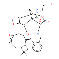 ChemSpider 2D Image | N-(2-Hydroxyethyl)-9-oxo-11-{2-[(4,12,12-trimethyl-5-oxatricyclo[8.2.0.0~4,6~]dodec-9-ylidene)methyl]benzyl}-3,5,8,12-tetraoxa-11-azatetracyclo[5.5.2.0~2,6~.0~10,13~]tetradecane-13-carboxamide | C34H44N2O8