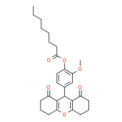 ChemSpider 2D Image | 4-(1,8-Dioxo-2,3,4,5,6,7,8,9-octahydro-1H-xanthen-9-yl)-2-methoxyphenyl octanoate | C28H34O6