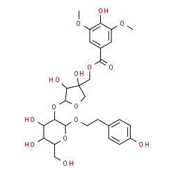 ChemSpider 2D Image | 2-(4-Hydroxyphenyl)ethyl 2-O-(3,4-dihydroxy-4-{[(4-hydroxy-3,5-dimethoxybenzoyl)oxy]methyl}tetrahydro-2-furanyl)hexopyranoside | C28H36O15