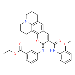 ChemSpider 2D Image | Ethyl 3-({10-[(2-methoxyphenyl)carbamoyl]-2,3,6,7-tetrahydro-1H,5H,11H-pyrano[2,3-f]pyrido[3,2,1-ij]quinolin-11-ylidene}amino)benzoate | C32H31N3O5