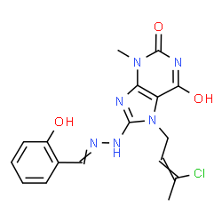 ChemSpider 2D Image | 7-(3-Chloro-2-buten-1-yl)-6-hydroxy-8-[2-(2-hydroxybenzylidene)hydrazino]-3-methyl-3,7-dihydro-2H-purin-2-one | C17H17ClN6O3