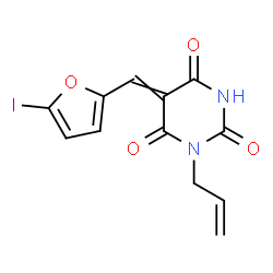 ChemSpider 2D Image | 1-Allyl-5-[(5-iodo-2-furyl)methylene]-2,4,6(1H,3H,5H)-pyrimidinetrione | C12H9IN2O4