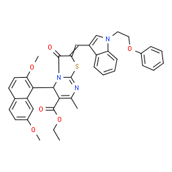 ChemSpider 2D Image | Ethyl 5-(2,7-dimethoxy-1-naphthyl)-7-methyl-3-oxo-2-{[1-(2-phenoxyethyl)-1H-indol-3-yl]methylene}-2,3-dihydro-5H-[1,3]thiazolo[3,2-a]pyrimidine-6-carboxylate | C39H35N3O6S