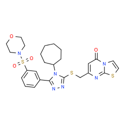 ChemSpider 2D Image | 7-[({4-Cycloheptyl-5-[3-(4-morpholinylsulfonyl)phenyl]-4H-1,2,4-triazol-3-yl}sulfanyl)methyl]-5H-[1,3]thiazolo[3,2-a]pyrimidin-5-one | C26H30N6O4S3