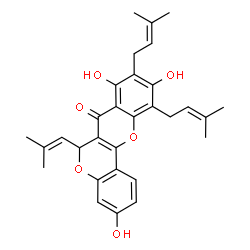 ChemSpider 2D Image | 3,8,10-Trihydroxy-9,11-bis(3-methyl-2-buten-1-yl)-6-(2-methyl-1-propen-1-yl)-6H,7H-chromeno[4,3-b]chromen-7-one | C30H32O6
