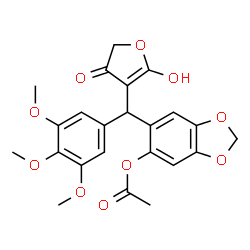 ChemSpider 2D Image | 6-[(2-Hydroxy-4-oxo-4,5-dihydro-3-furanyl)(3,4,5-trimethoxyphenyl)methyl]-1,3-benzodioxol-5-yl acetate | C23H22O10